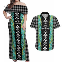 Black Palaka Hawaii Iwa Bird Couples Matching Off Shoulder Maxi Dress and Hawaiian Shirt Hawaiian Kakau Jade Vine Lei - Polynesian Pride