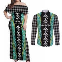 Black Palaka Hawaii Iwa Bird Couples Matching Off Shoulder Maxi Dress and Long Sleeve Button Shirt Hawaiian Kakau Jade Vine Lei - Polynesian Pride
