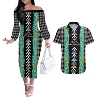 Black Palaka Hawaii Iwa Bird Couples Matching Off The Shoulder Long Sleeve Dress and Hawaiian Shirt Hawaiian Kakau Jade Vine Lei LT14 Black - Polynesian Pride