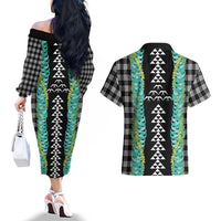 Black Palaka Hawaii Iwa Bird Couples Matching Off The Shoulder Long Sleeve Dress and Hawaiian Shirt Hawaiian Kakau Jade Vine Lei LT14 - Polynesian Pride