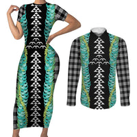 Black Palaka Hawaii Iwa Bird Couples Matching Short Sleeve Bodycon Dress and Long Sleeve Button Shirt Hawaiian Kakau Jade Vine Lei LT14 Black - Polynesian Pride