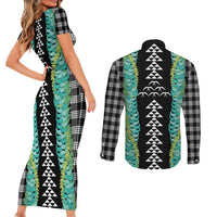Black Palaka Hawaii Iwa Bird Couples Matching Short Sleeve Bodycon Dress and Long Sleeve Button Shirt Hawaiian Kakau Jade Vine Lei LT14 - Polynesian Pride