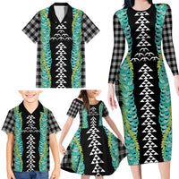 Black Palaka Hawaii Iwa Bird Family Matching Long Sleeve Bodycon Dress and Hawaiian Shirt Hawaiian Kakau Jade Vine Lei - Polynesian Pride