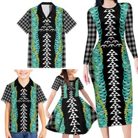 Black Palaka Hawaii Iwa Bird Family Matching Long Sleeve Bodycon Dress and Hawaiian Shirt Hawaiian Kakau Jade Vine Lei - Polynesian Pride