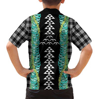 Black Palaka Hawaii Iwa Bird Family Matching Off The Shoulder Long Sleeve Dress and Hawaiian Shirt Hawaiian Kakau Jade Vine Lei - Polynesian Pride