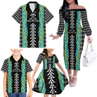 Black Palaka Hawaii Iwa Bird Family Matching Off The Shoulder Long Sleeve Dress and Hawaiian Shirt Hawaiian Kakau Jade Vine Lei - Polynesian Pride