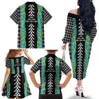 Black Palaka Hawaii Iwa Bird Family Matching Off The Shoulder Long Sleeve Dress and Hawaiian Shirt Hawaiian Kakau Jade Vine Lei - Polynesian Pride