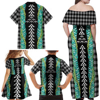 Black Palaka Hawaii Iwa Bird Family Matching Off Shoulder Maxi Dress and Hawaiian Shirt Hawaiian Kakau Jade Vine Lei - Polynesian Pride
