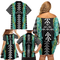 Black Palaka Hawaii Iwa Bird Family Matching Off Shoulder Short Dress and Hawaiian Shirt Hawaiian Kakau Jade Vine Lei - Polynesian Pride