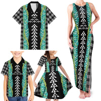 Black Palaka Hawaii Iwa Bird Family Matching Tank Maxi Dress and Hawaiian Shirt Hawaiian Kakau Jade Vine Lei - Polynesian Pride