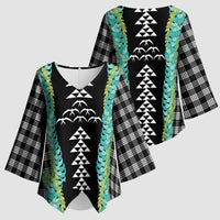 Black Palaka Hawaii Iwa Bird Kimono Sleeve Blouse Hawaiian Kakau Jade Vine Lei LT14 - Polynesian Pride