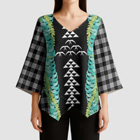 Black Palaka Hawaii Iwa Bird Kimono Sleeve Blouse Hawaiian Kakau Jade Vine Lei LT14 - Polynesian Pride