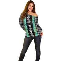 Black Palaka Hawaii Iwa Bird Off Shoulder Sweater Hawaiian Kakau Jade Vine Lei LT14 - Polynesian Pride