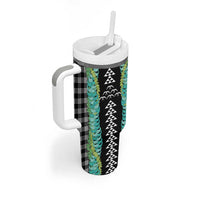 Black Palaka Hawaii Iwa Bird Tumbler With Handle Hawaiian Kakau Jade Vine Lei LT14 - Polynesian Pride