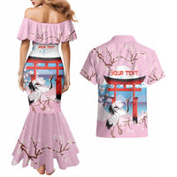 Japanese Torii Gate Cranes Personalised Couples Matching Mermaid Dress and Hawaiian Shirt Fuji Mount Sakura Seigaiha Pattern
