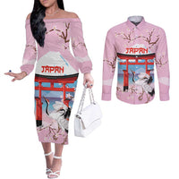Japanese Torii Gate Cranes Personalised Couples Matching Off The Shoulder Long Sleeve Dress and Long Sleeve Button Shirt Fuji Mount Sakura Seigaiha Pattern LT14 Pink - Polynesian Pride