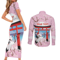 Japanese Torii Gate Cranes Personalised Couples Matching Short Sleeve Bodycon Dress and Long Sleeve Button Shirt Fuji Mount Sakura Seigaiha Pattern