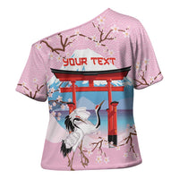 Japanese Torii Gate Cranes Personalised Cross Shoulder Shirt Fuji Mount Sakura Seigaiha Pattern