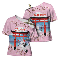 Japanese Torii Gate Cranes Personalised Cross Shoulder Shirt Fuji Mount Sakura Seigaiha Pattern