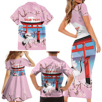 Japanese Torii Gate Cranes Personalised Family Matching Short Sleeve Bodycon Dress and Hawaiian Shirt Fuji Mount Sakura Seigaiha Pattern LT14 - Polynesian Pride