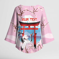 Japanese Torii Gate Cranes Personalised Kimono Sleeve Blouse Fuji Mount Sakura Seigaiha Pattern