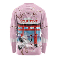 Japanese Torii Gate Cranes Personalised Long Sleeve Shirt Fuji Mount Sakura Seigaiha Pattern LT14 - Polynesian Pride