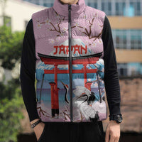 Japanese Torii Gate Cranes Personalised Sleeveless Puffer Jacket Fuji Mount Sakura Seigaiha Pattern
