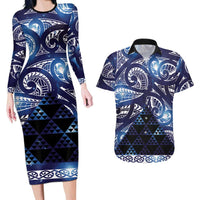 Matariki New Zealand Couples Matching Long Sleeve Bodycon Dress and Hawaiian Shirt NZ Niho Taniwha Maori New Year Blue Galaxy