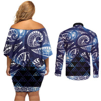 Matariki New Zealand Couples Matching Off Shoulder Short Dress and Long Sleeve Button Shirt NZ Niho Taniwha Maori New Year Blue Galaxy