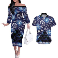 Matariki New Zealand Couples Matching Off The Shoulder Long Sleeve Dress and Hawaiian Shirt NZ Niho Taniwha Maori New Year Blue Galaxy