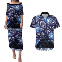 Matariki New Zealand Couples Matching Puletasi and Hawaiian Shirt NZ Niho Taniwha Maori New Year Blue Galaxy
