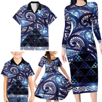 Matariki New Zealand Family Matching Long Sleeve Bodycon Dress and Hawaiian Shirt NZ Niho Taniwha Maori New Year Blue Galaxy
