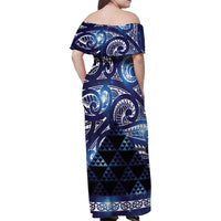 Matariki New Zealand Family Matching Off Shoulder Maxi Dress and Hawaiian Shirt NZ Niho Taniwha Maori New Year Blue Galaxy