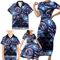 Matariki New Zealand Family Matching Short Sleeve Bodycon Dress and Hawaiian Shirt NZ Niho Taniwha Maori New Year Blue Galaxy
