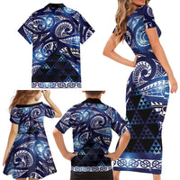 Matariki New Zealand Family Matching Short Sleeve Bodycon Dress and Hawaiian Shirt NZ Niho Taniwha Maori New Year Blue Galaxy