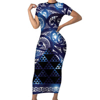 Matariki New Zealand Family Matching Short Sleeve Bodycon Dress and Hawaiian Shirt NZ Niho Taniwha Maori New Year Blue Galaxy