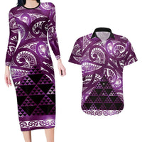 Matariki New Zealand Couples Matching Long Sleeve Bodycon Dress and Hawaiian Shirt NZ Niho Taniwha Maori New Year Purple Galaxy