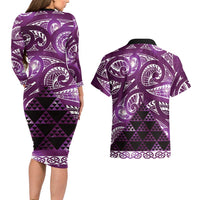 Matariki New Zealand Couples Matching Long Sleeve Bodycon Dress and Hawaiian Shirt NZ Niho Taniwha Maori New Year Purple Galaxy