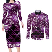 Matariki New Zealand Couples Matching Long Sleeve Bodycon Dress and Long Sleeve Button Shirt NZ Niho Taniwha Maori New Year Purple Galaxy