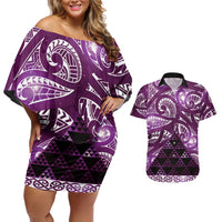 Matariki New Zealand Couples Matching Off Shoulder Short Dress and Hawaiian Shirt NZ Niho Taniwha Maori New Year Purple Galaxy