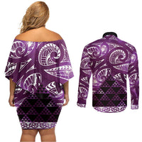 Matariki New Zealand Couples Matching Off Shoulder Short Dress and Long Sleeve Button Shirt NZ Niho Taniwha Maori New Year Purple Galaxy