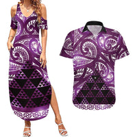 Matariki New Zealand Couples Matching Summer Maxi Dress and Hawaiian Shirt NZ Niho Taniwha Maori New Year Purple Galaxy