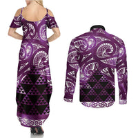 Matariki New Zealand Couples Matching Summer Maxi Dress and Long Sleeve Button Shirt NZ Niho Taniwha Maori New Year Purple Galaxy LT14 - Polynesian Pride