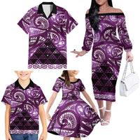 Matariki New Zealand Family Matching Off The Shoulder Long Sleeve Dress and Hawaiian Shirt NZ Niho Taniwha Maori New Year Purple Galaxy