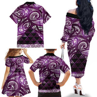 Matariki New Zealand Family Matching Off The Shoulder Long Sleeve Dress and Hawaiian Shirt NZ Niho Taniwha Maori New Year Purple Galaxy