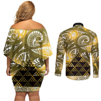 Matariki New Zealand Couples Matching Off Shoulder Short Dress and Long Sleeve Button Shirt NZ Niho Taniwha Maori New Year Yellow Galaxy