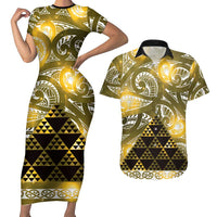 Matariki New Zealand Couples Matching Short Sleeve Bodycon Dress and Hawaiian Shirt NZ Niho Taniwha Maori New Year Yellow Galaxy