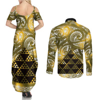 Matariki New Zealand Couples Matching Summer Maxi Dress and Long Sleeve Button Shirt NZ Niho Taniwha Maori New Year Yellow Galaxy