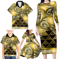 Matariki New Zealand Family Matching Long Sleeve Bodycon Dress and Hawaiian Shirt NZ Niho Taniwha Maori New Year Yellow Galaxy