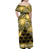 Matariki New Zealand Off Shoulder Maxi Dress NZ Niho Taniwha Maori New Year Yellow Galaxy